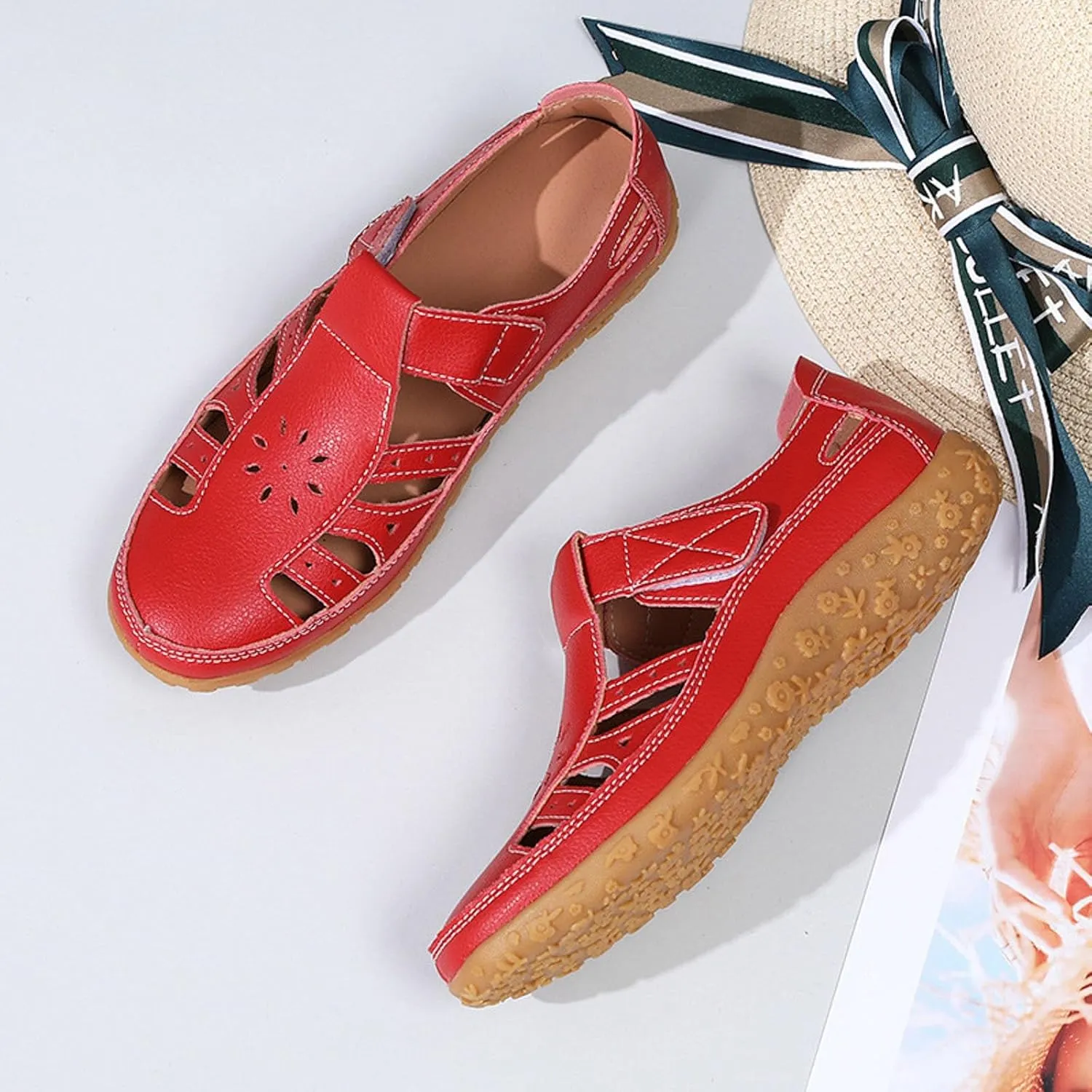 ZSpzx Women's Closed Toe Sandals Hollow Out Low Top Orthopedic Slip On Strappy Sandal Ladies Wedge Heel Arch Support Comfortable Cushion Footbed Casual Shoes Recovery Summer Daily Wear Shoe